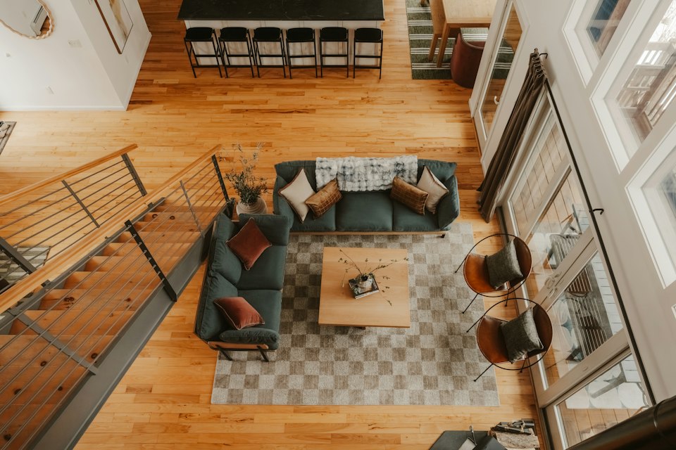 Spacious modern living room with wooden flooring