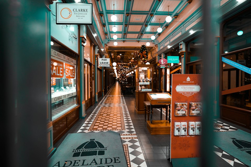 Commercial shop interior with checkered flooring