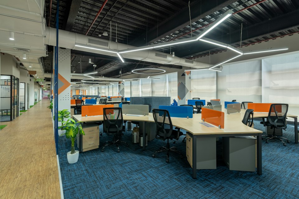 Open office with patterned blue carpet
