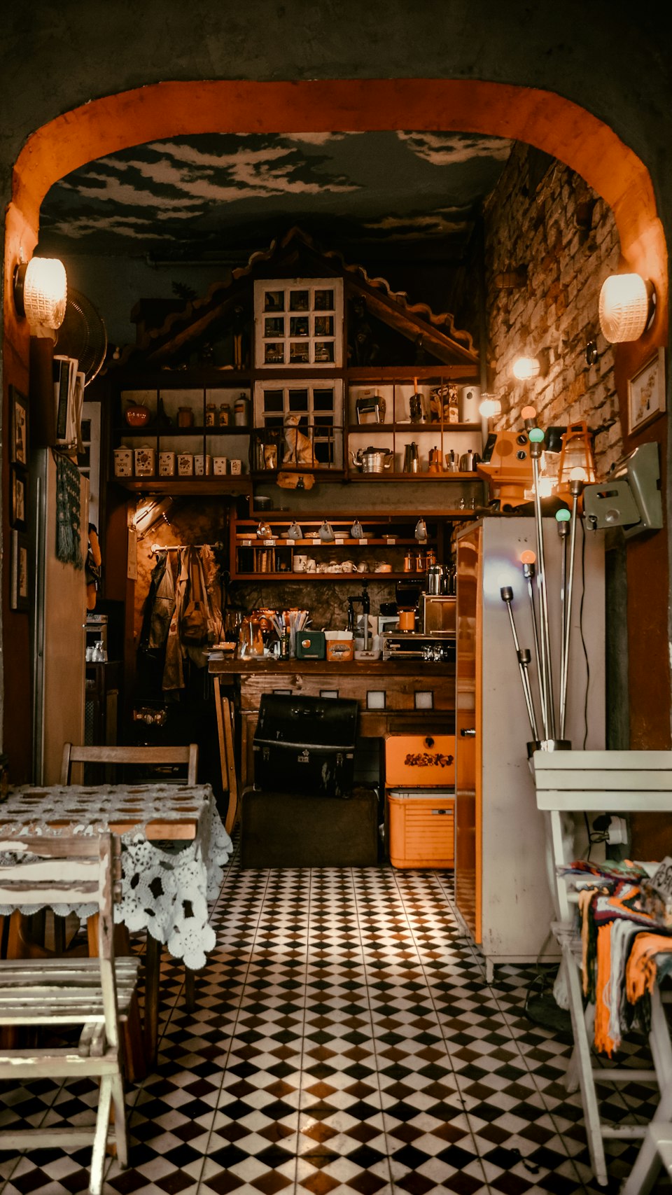 Checkerboard floor tiles inside a building