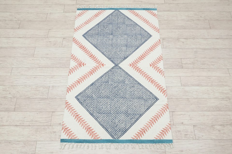 Geometric patterned rug over a wood floor